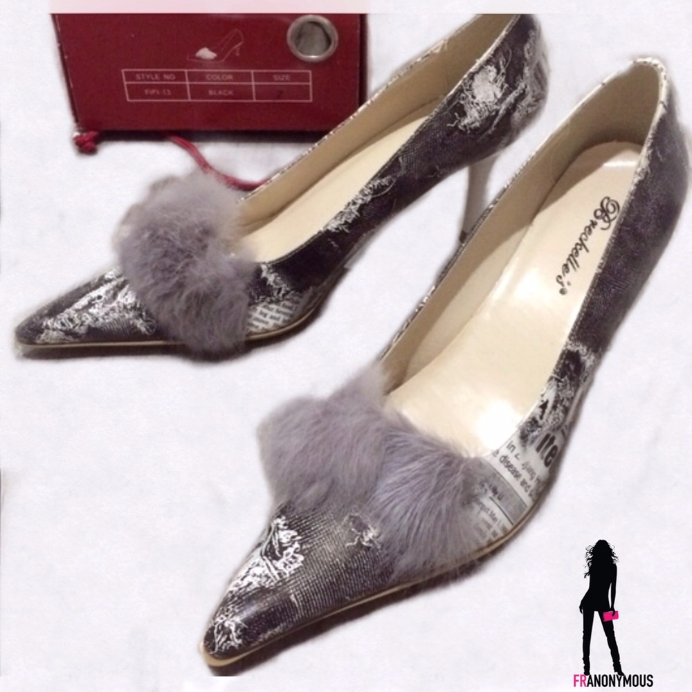 Breckelles Newsprint Fur Trimmed Pumps 7